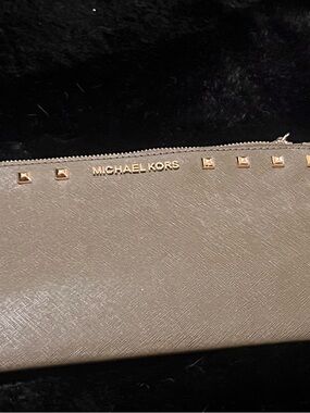 Michael Kors army green Saffiano Wristlet with Gold-Tone Logo and Studs